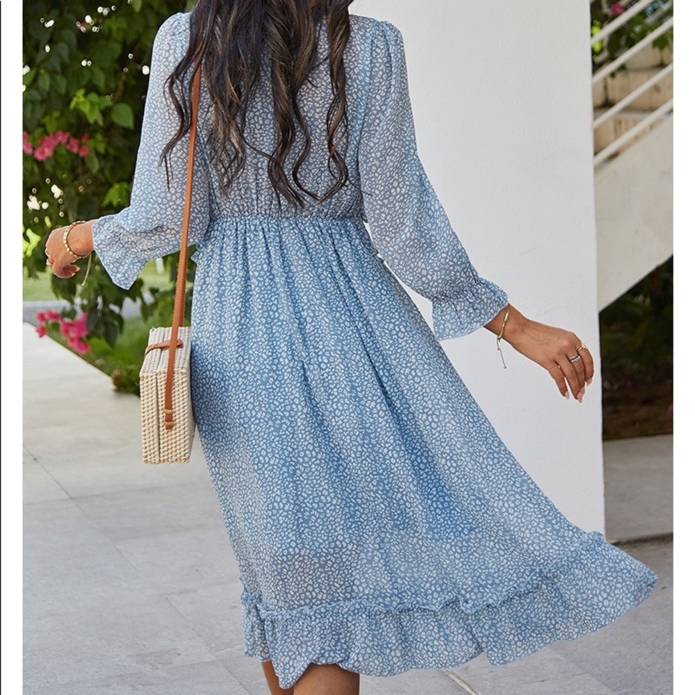 🆕Boho Floral Print Wavy Detailed Dress Lake Blue - Picture 6 of 7
